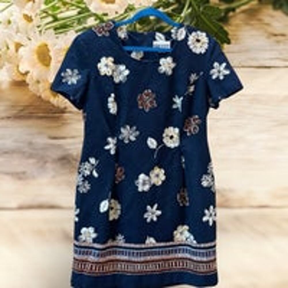 Vintage S. L. Fashions Dark Blue Floral Knee Length Dress Size 14